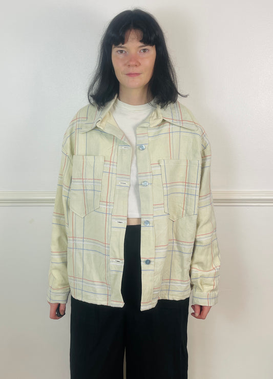Handmade Yellow and Blue Checked Cotton Unisex Boxy Shirt Jacket - Size 16