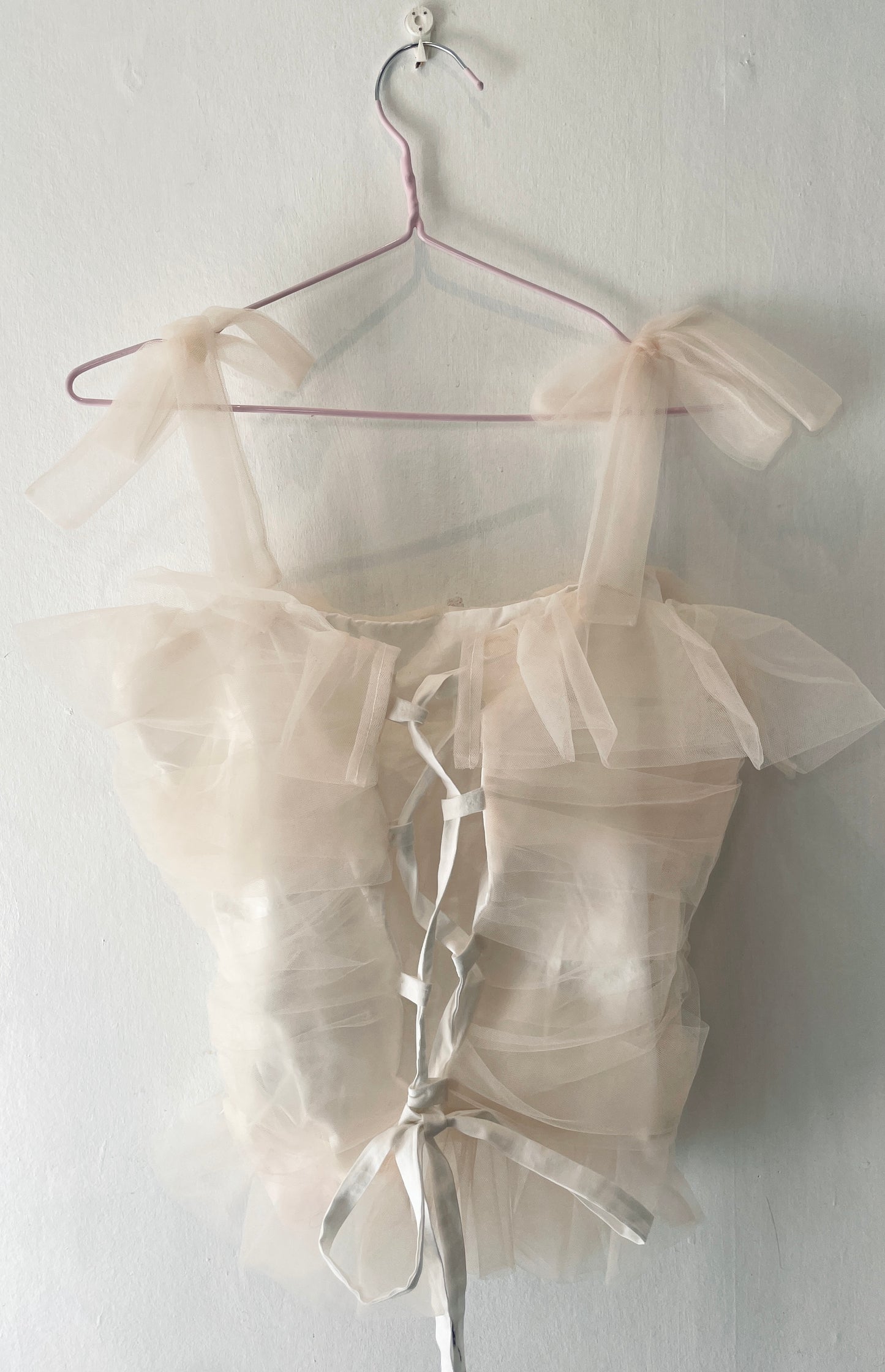 Gloria Handmade White Tulle Ruched Top with Lace Up Back - Up To Size 12