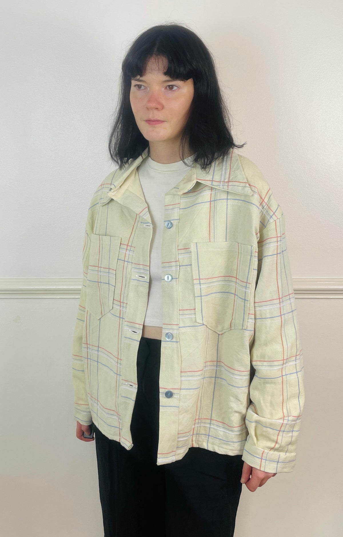 Handmade Yellow and Blue Checked Cotton Unisex Boxy Shirt Jacket - Size 16