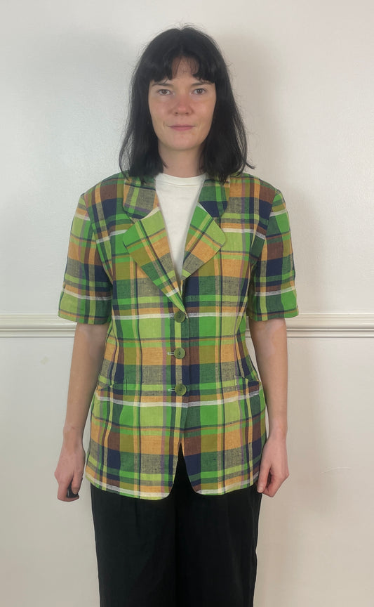 Vintage 80s Green Checked Linen Short Sleeve Long Jacket - Size 12