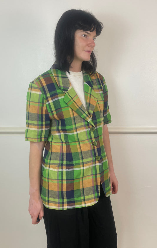 Vintage 80s Green Checked Linen Short Sleeve Long Jacket - Size 12