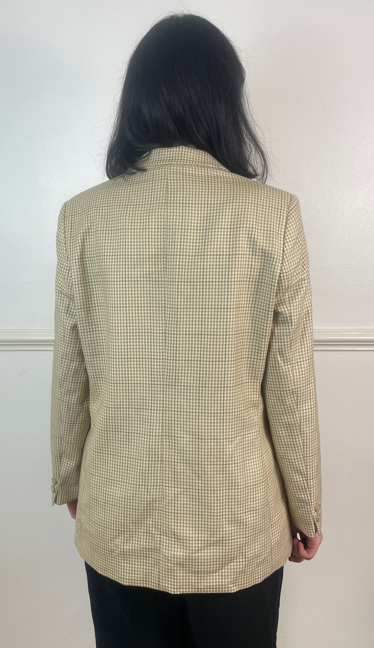 Vintage 90s Beige and White Gingham Long Wool Blazer Jacket - Size 14