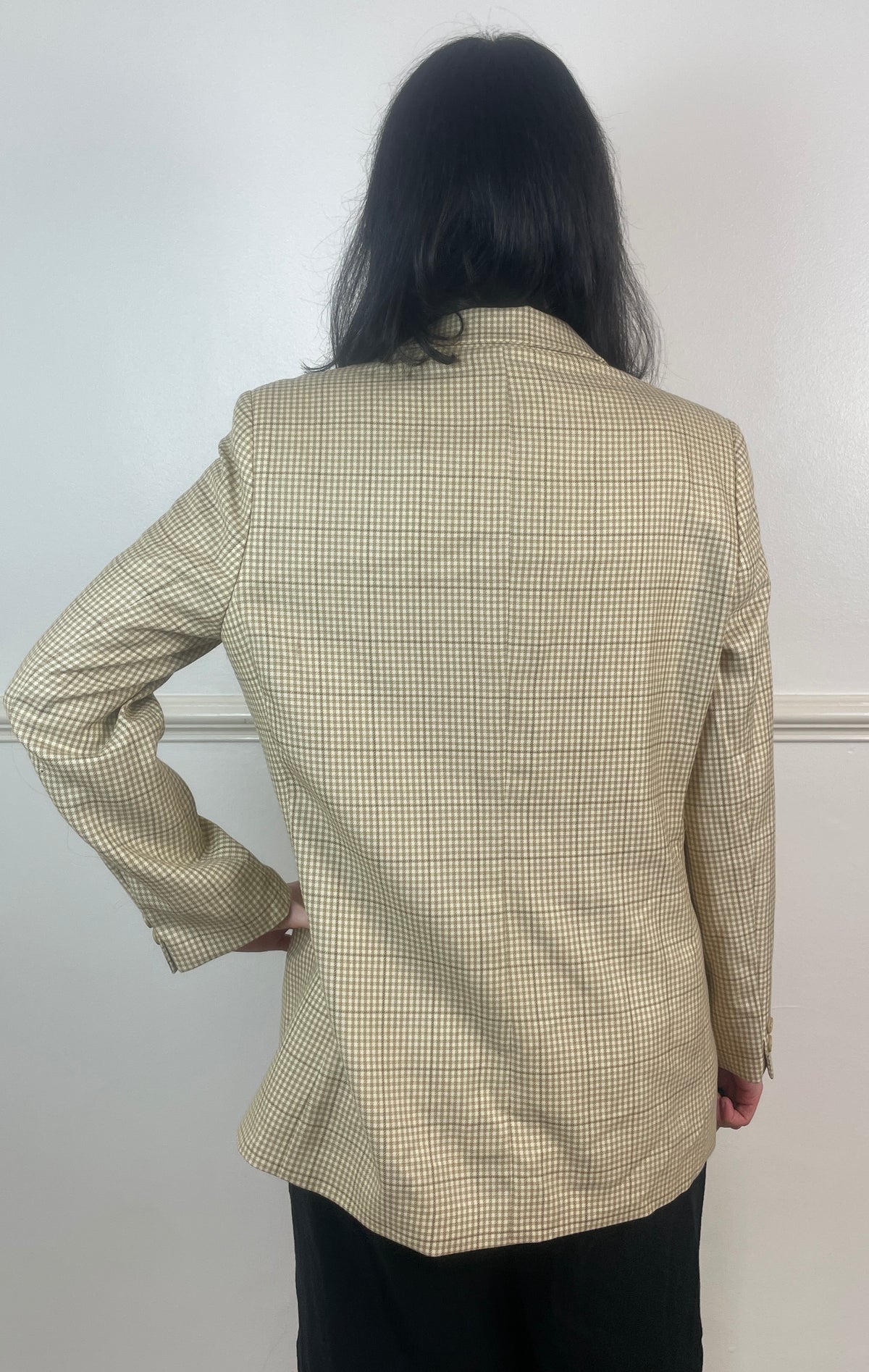 Vintage 90s Beige and White Gingham Long Wool Blazer Jacket - Size 14