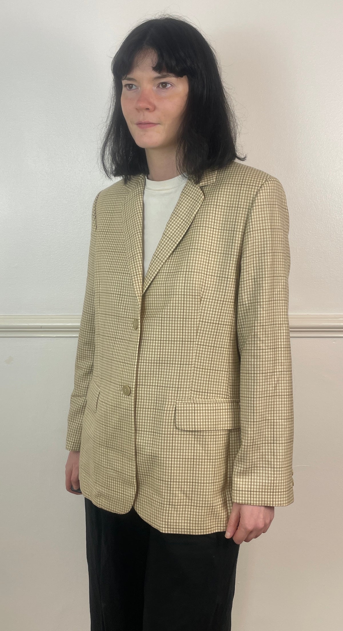 Vintage 90s Beige and White Gingham Long Wool Blazer Jacket - Size 14