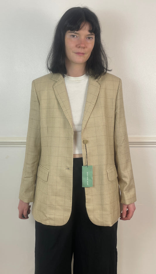 Vintage 90s Beige and White Gingham Long Wool Blazer Jacket - Size 14