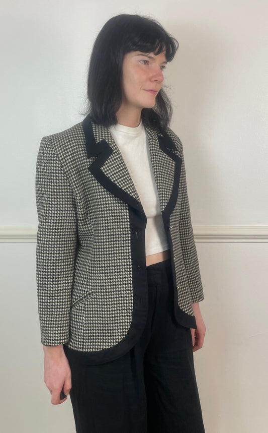 Vintage 80s Black and White Fitted Cropped Houndstooth Blazer Jacket - Size 10