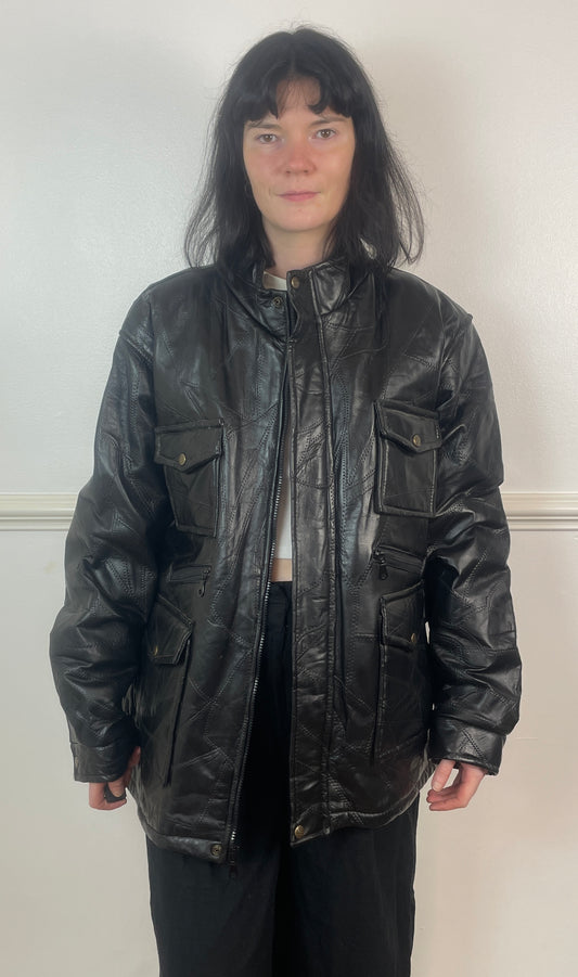 Vintage 80s Mens Black Patchwork Leather Jacket with High Neck - Size XL