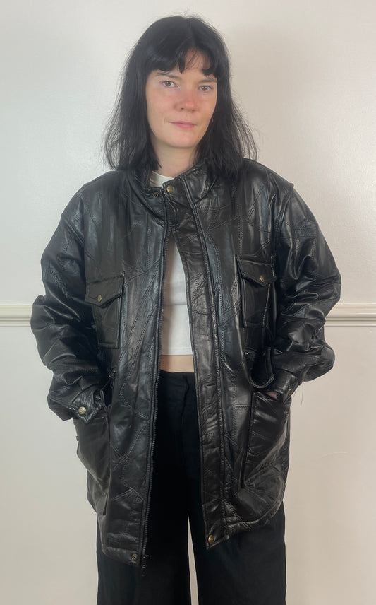 Vintage 80s Mens Black Patchwork Leather Jacket with High Neck - Size XL