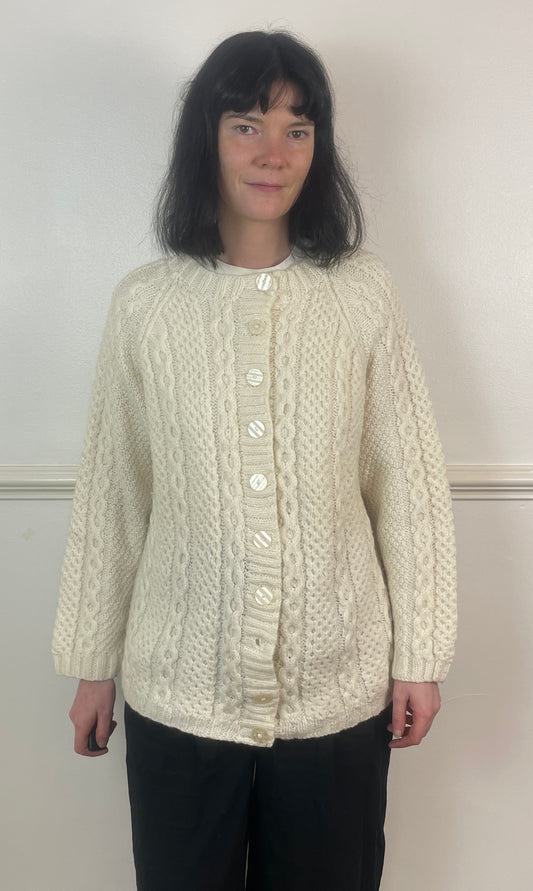 Vintage 90s White Wool Cable Knit Cardigan - Size 12