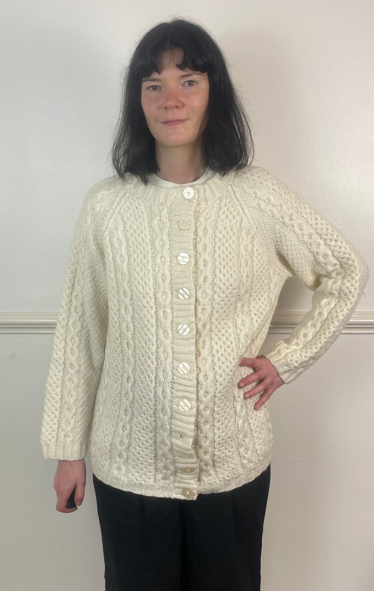 Vintage 90s White Wool Cable Knit Cardigan - Size 12