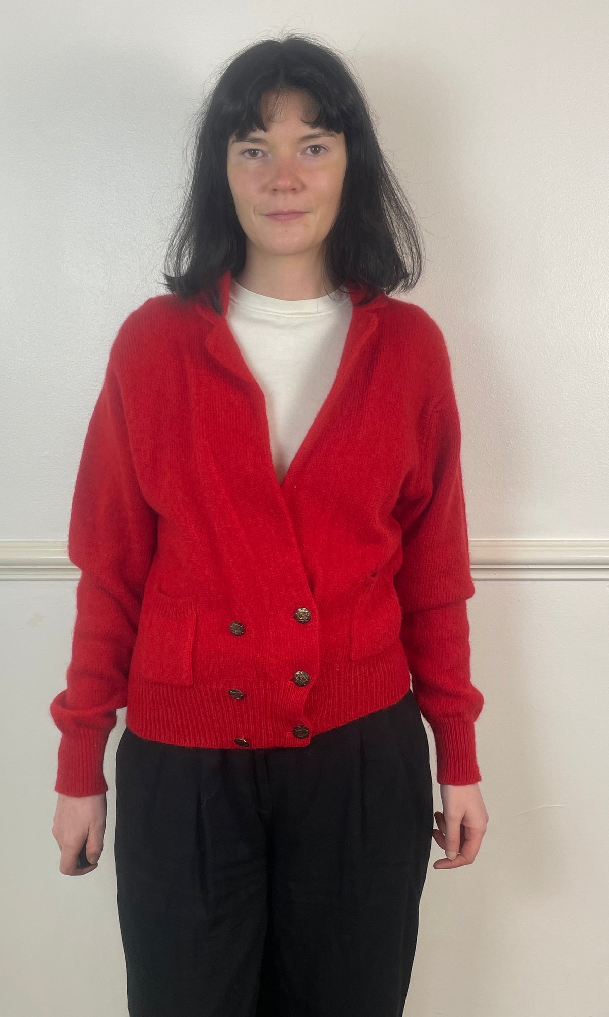 Vintage 80s Red Wool V-Neck Double Breasted Knitted Cardigan - Size 10