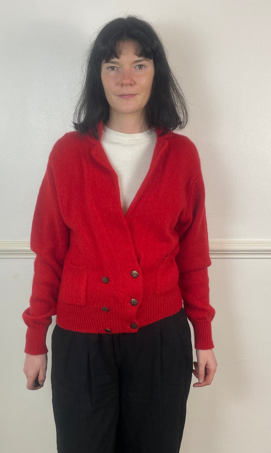 Vintage 80s Red Wool V-Neck Double Breasted Knitted Cardigan - Size 10