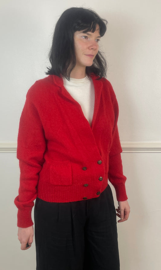 Vintage 80s Red Wool V-Neck Double Breasted Knitted Cardigan - Size 10
