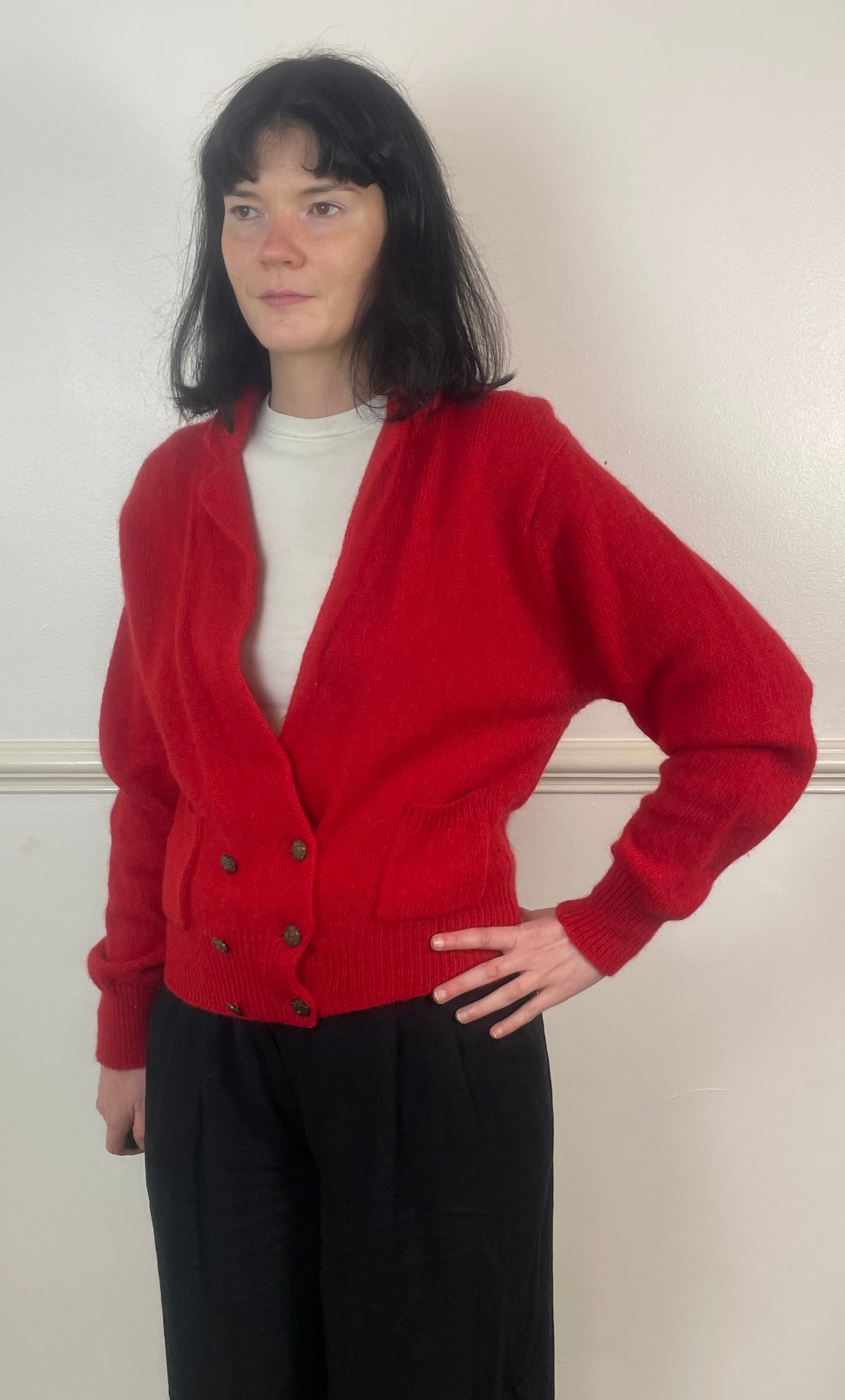 Vintage 80s Red Wool V-Neck Double Breasted Knitted Cardigan - Size 10