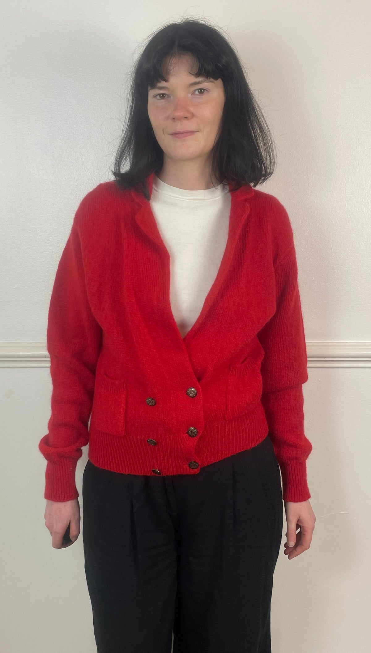 Vintage 80s Red Wool V-Neck Double Breasted Knitted Cardigan - Size 10