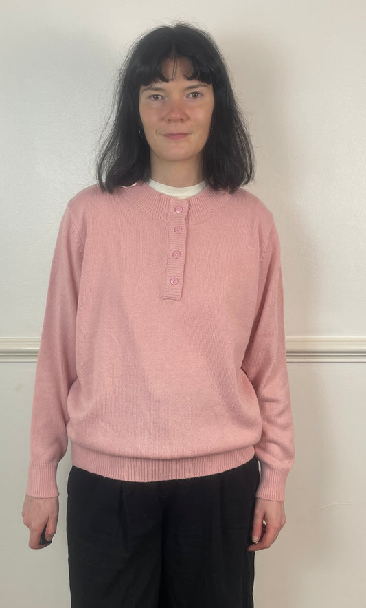 Vintage 90s Pale Pink Henley Neck Knitted Jumper - Size 12/14