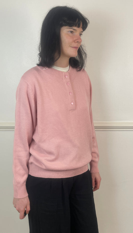 Vintage 90s Pale Pink Henley Neck Knitted Jumper - Size 12/14