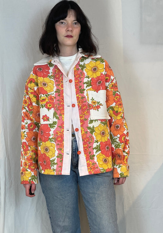 Ellen Handmade Pink and Orange Floral Shirt Jacket - Up To Size 16