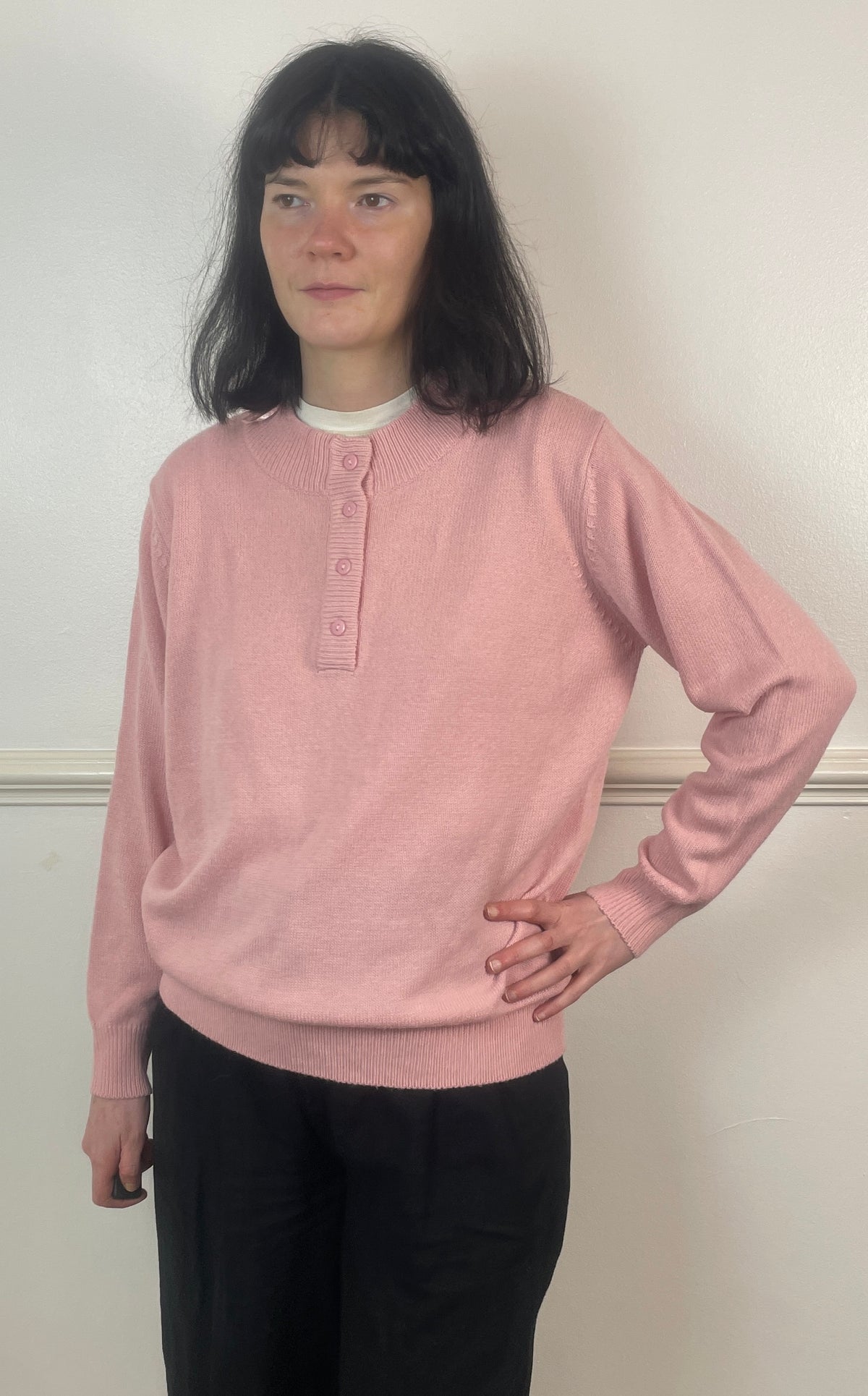 Vintage 90s Pale Pink Henley Neck Knitted Jumper - Size 12/14