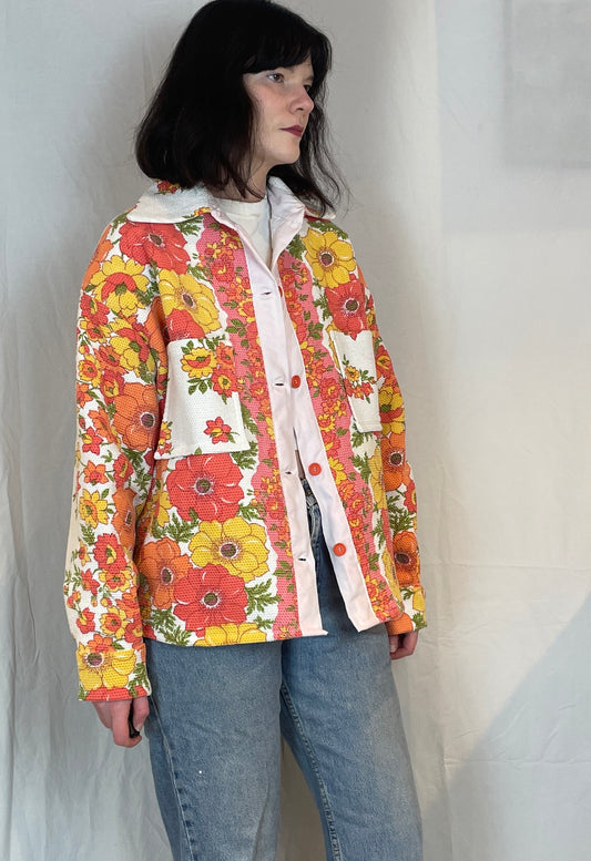 Ellen Handmade Pink and Orange Floral Shirt Jacket - Up To Size 16