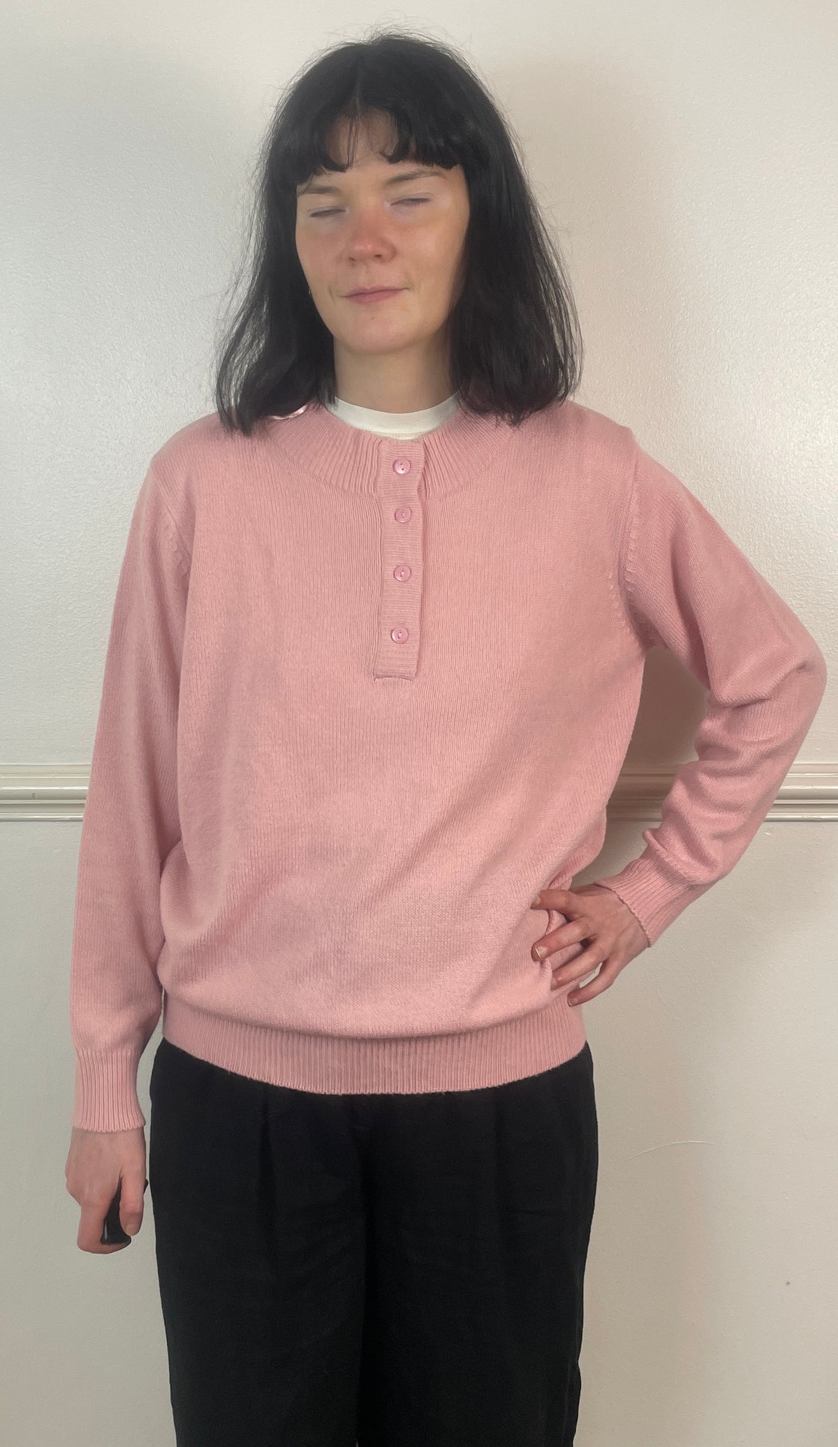 Vintage 90s Pale Pink Henley Neck Knitted Jumper - Size 12/14