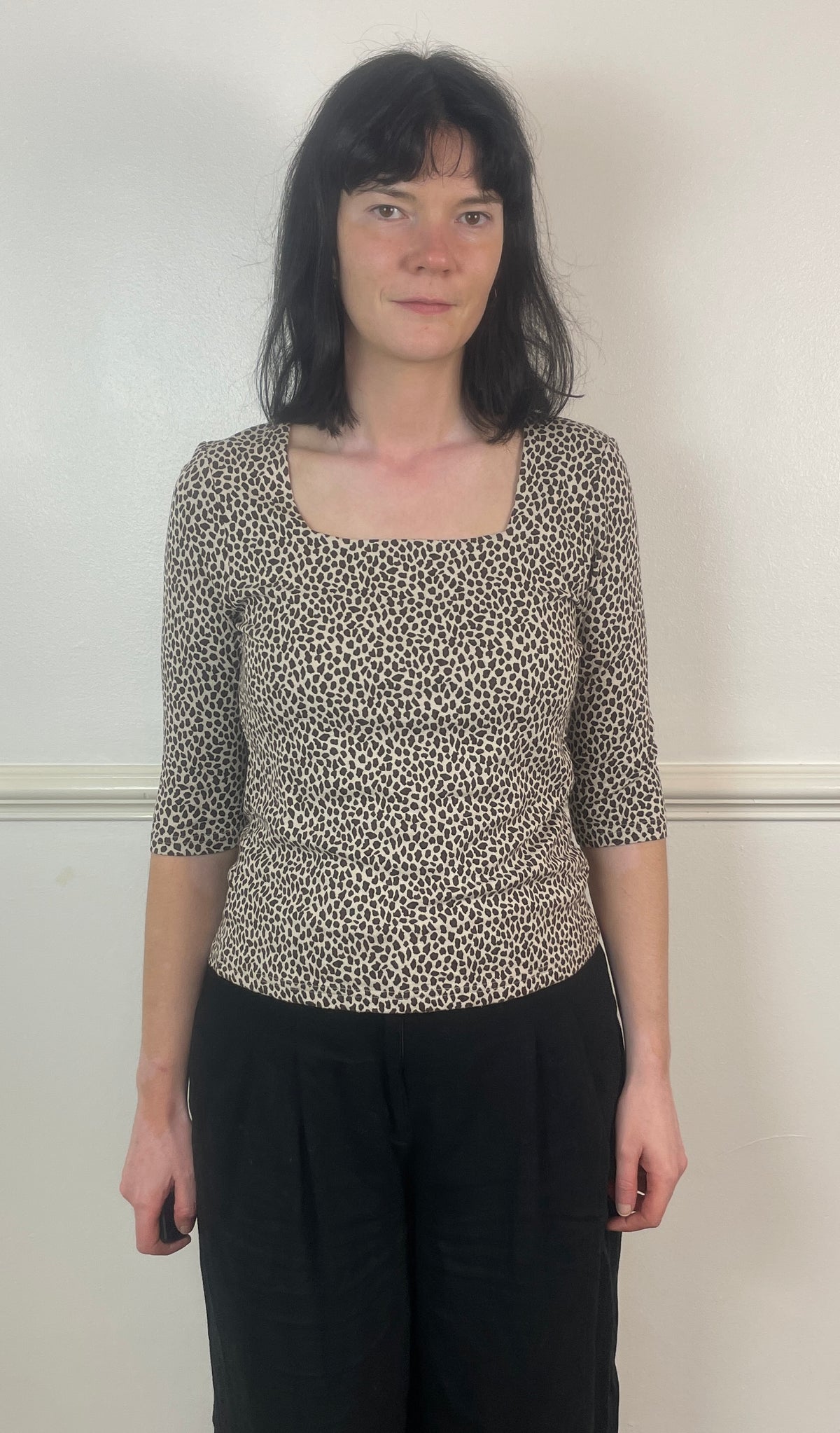 Vintage 90s Brown Leopard Print Stretch Long Sleeve Square Neck Top - Size 10