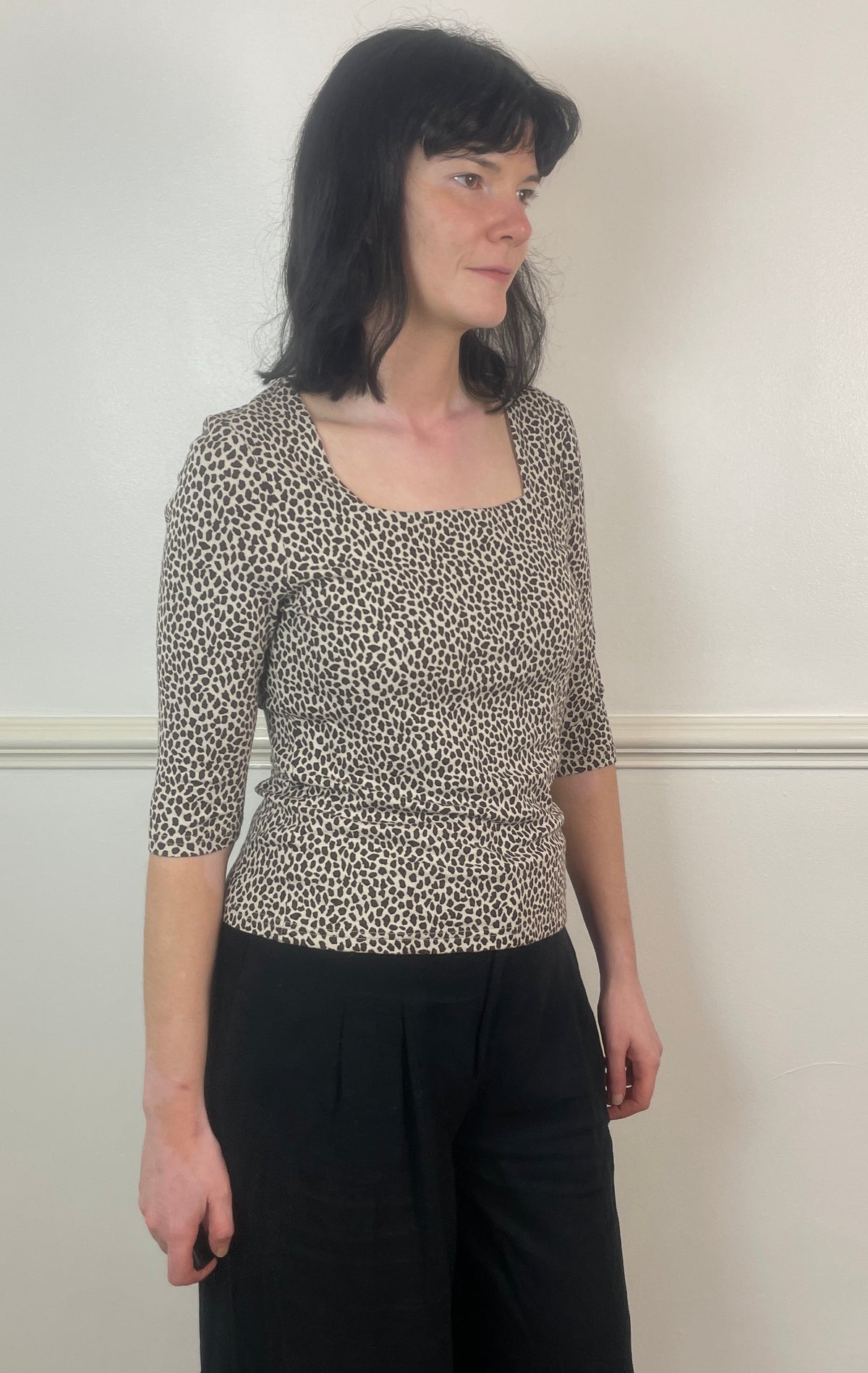 Vintage 90s Brown Leopard Print Stretch Long Sleeve Square Neck Top - Size 10