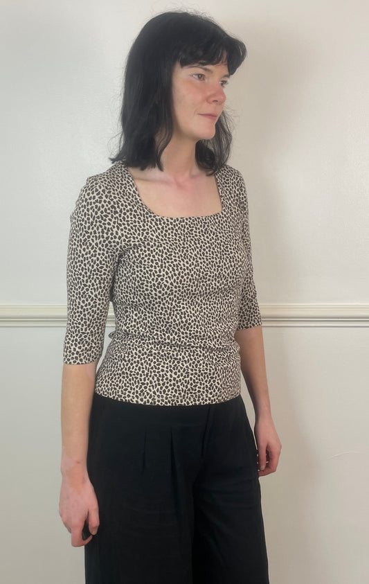 Vintage 90s Brown Leopard Print Stretch Long Sleeve Square Neck Top - Size 10