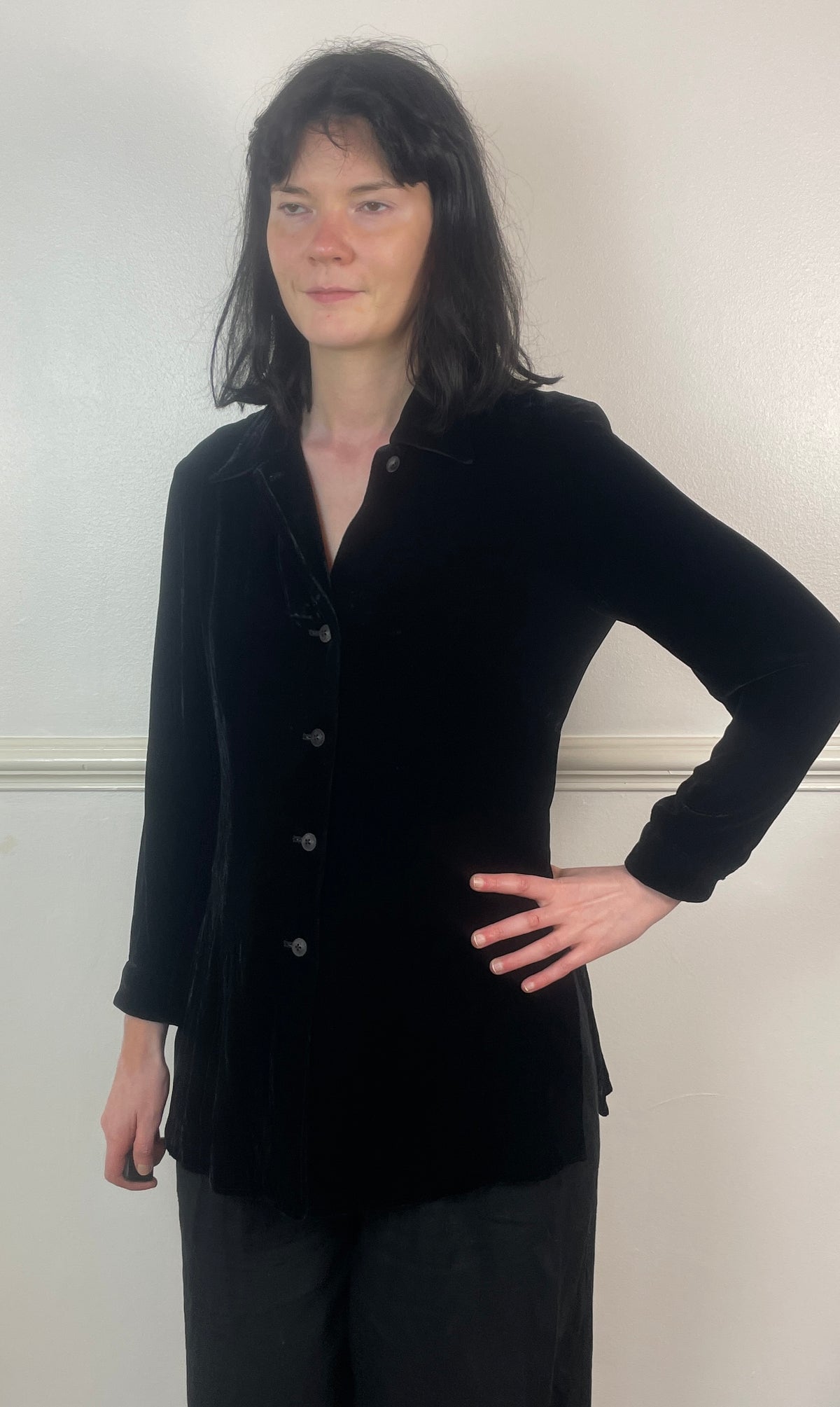 Vintage 90s Black Velvet Revere Collar Shirt - Size 10