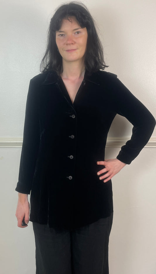 Vintage 90s Black Velvet Revere Collar Shirt - Size 10