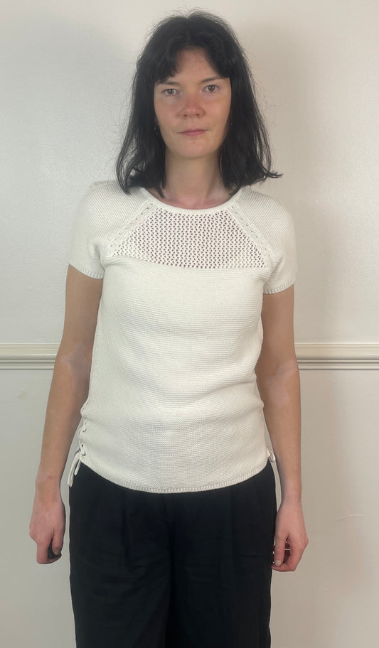 Vintage 90s White Cotton Open Knitted T-Shirt - Size 10