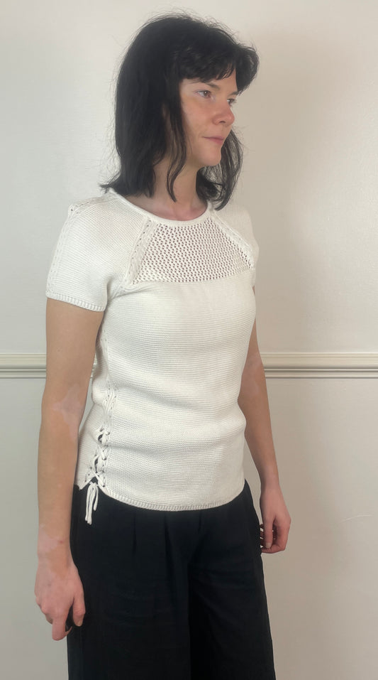 Vintage 90s White Cotton Open Knitted T-Shirt - Size 10