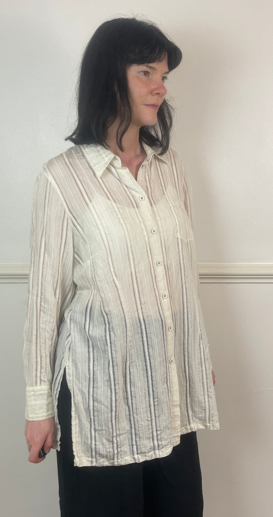 Vintage 90s White Striped Sheer Collared Shirt - Size 14