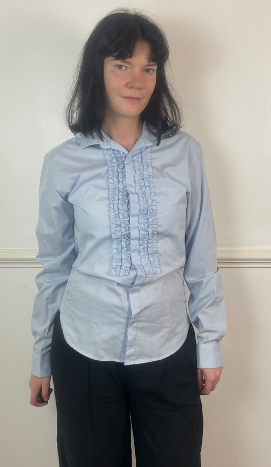 Vintage Y2K Pale Blue Ruffle Front Long Shirt - Size 10