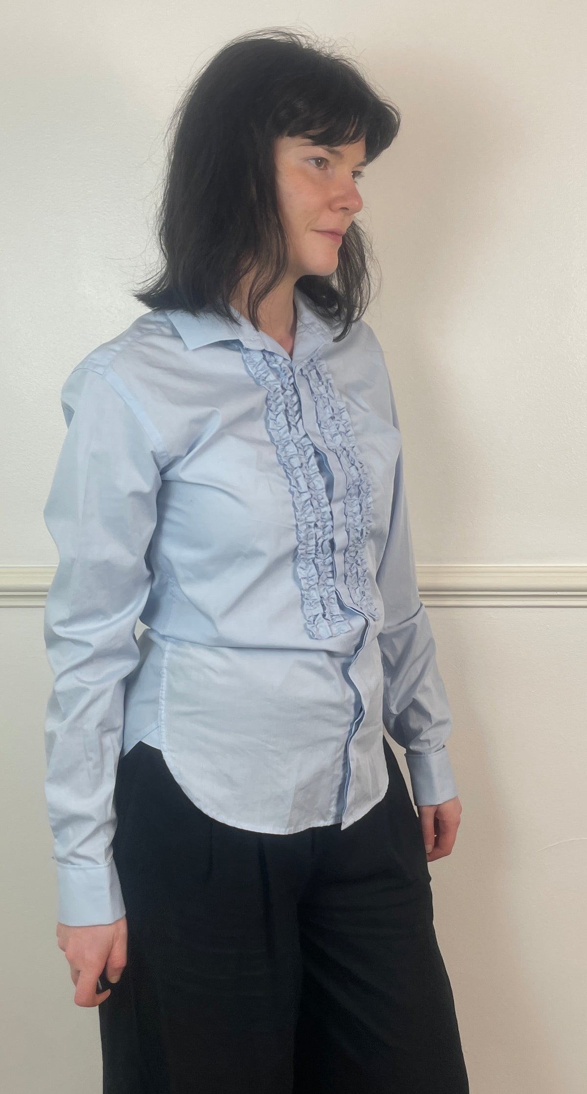 Vintage Y2K Pale Blue Ruffle Front Long Shirt - Size 10