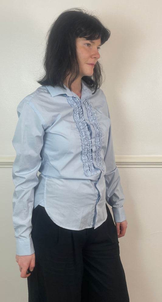 Vintage Y2K Pale Blue Ruffle Front Long Shirt - Size 10