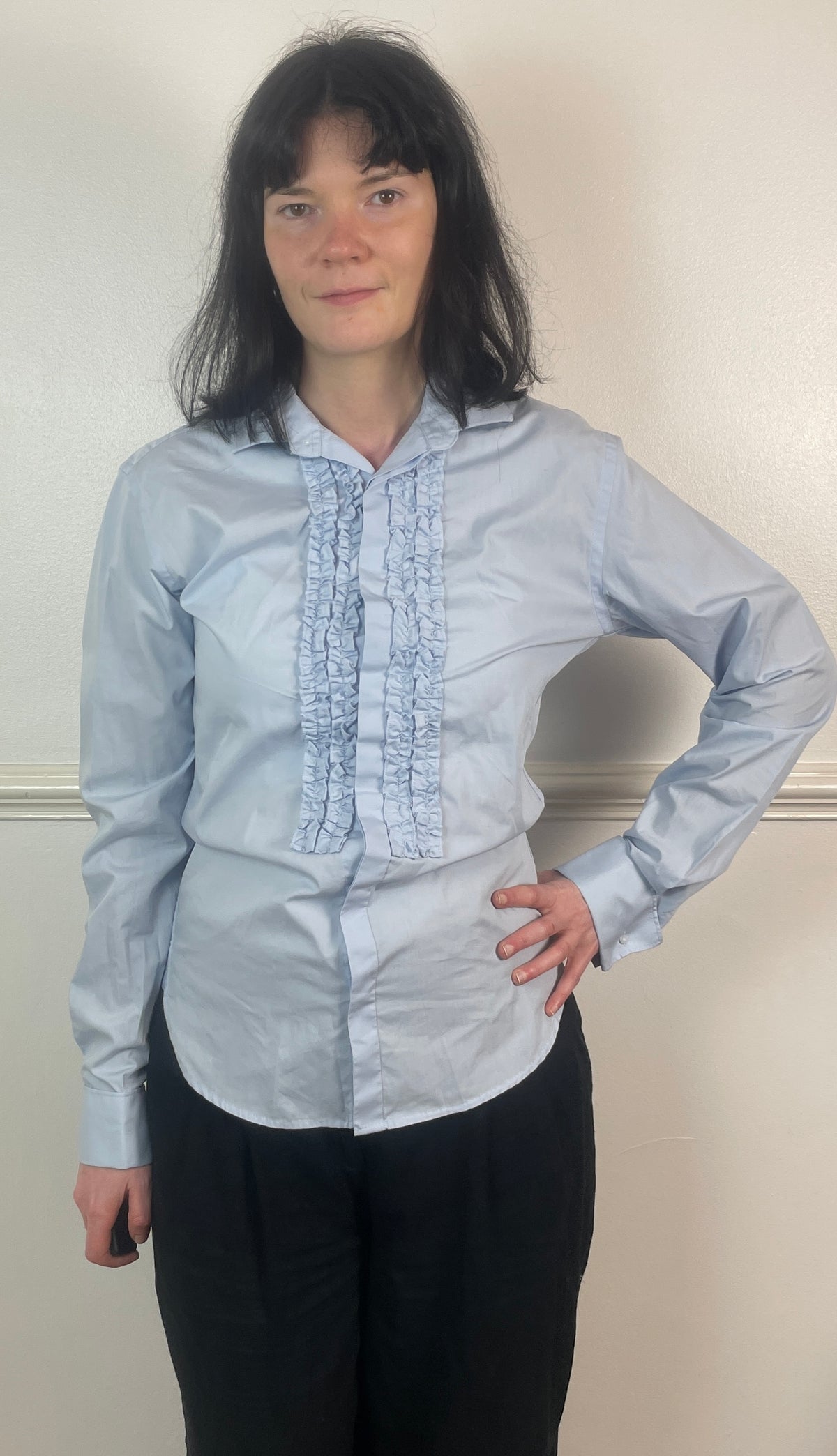Vintage Y2K Pale Blue Ruffle Front Long Shirt - Size 10