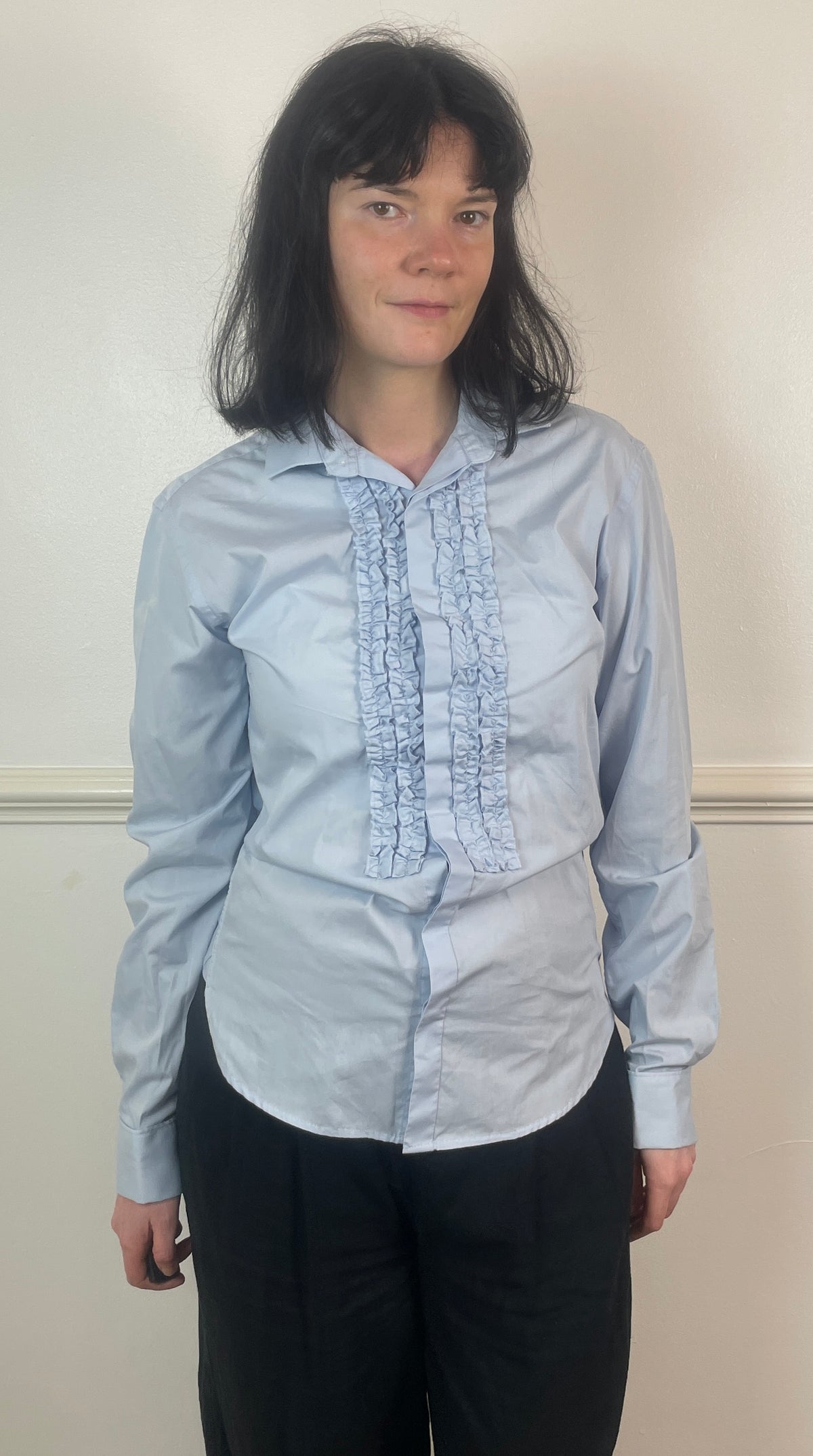 Vintage Y2K Pale Blue Ruffle Front Long Shirt - Size 10
