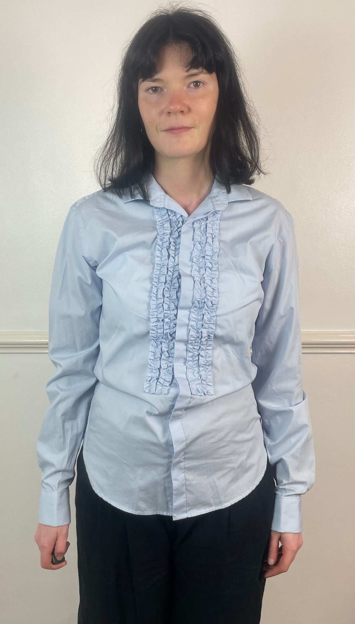 Vintage Y2K Pale Blue Ruffle Front Long Shirt - Size 10