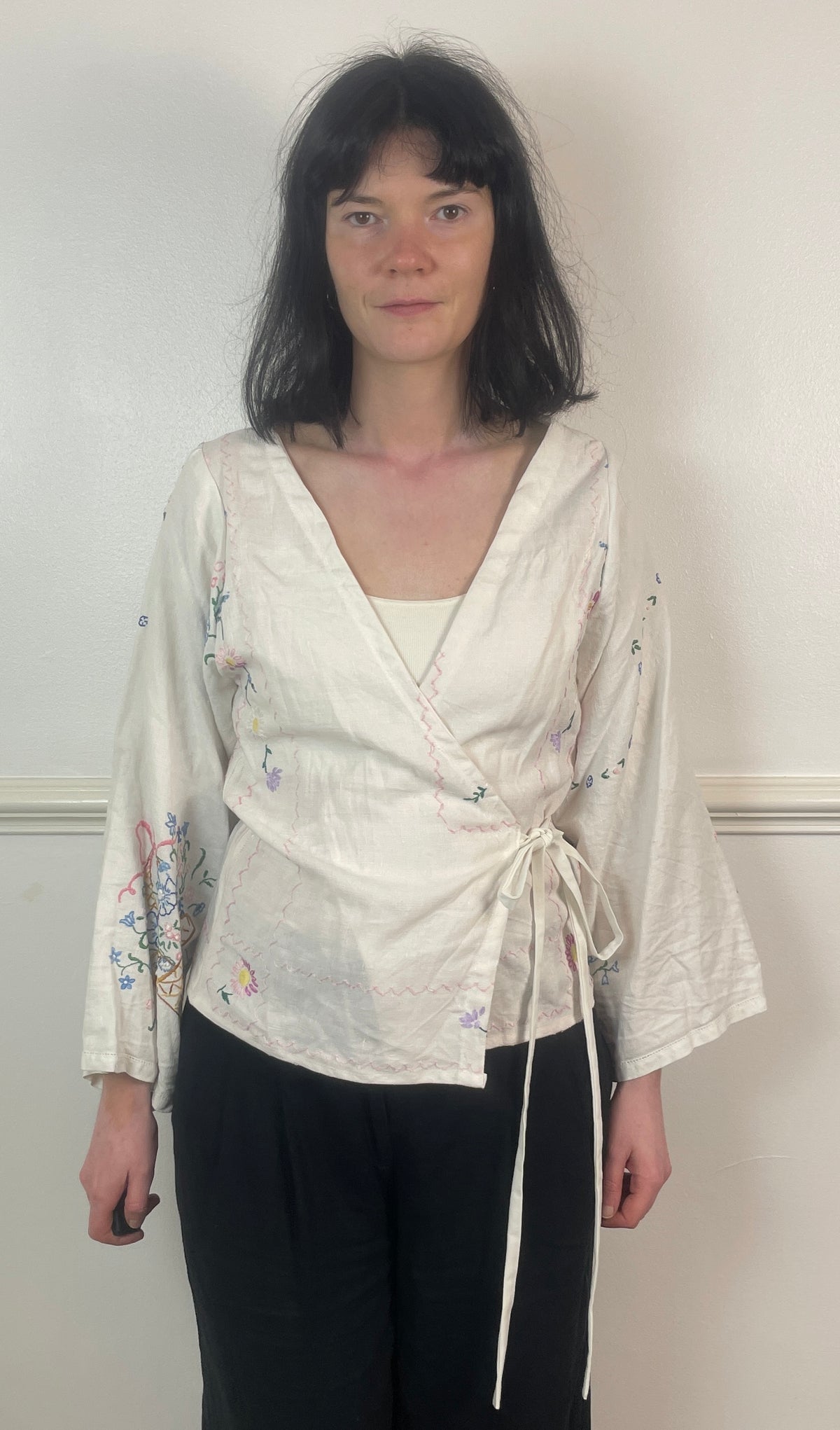 Handmade White Linen Floral Embroidered Tie Waist Wrap Top - Size 10