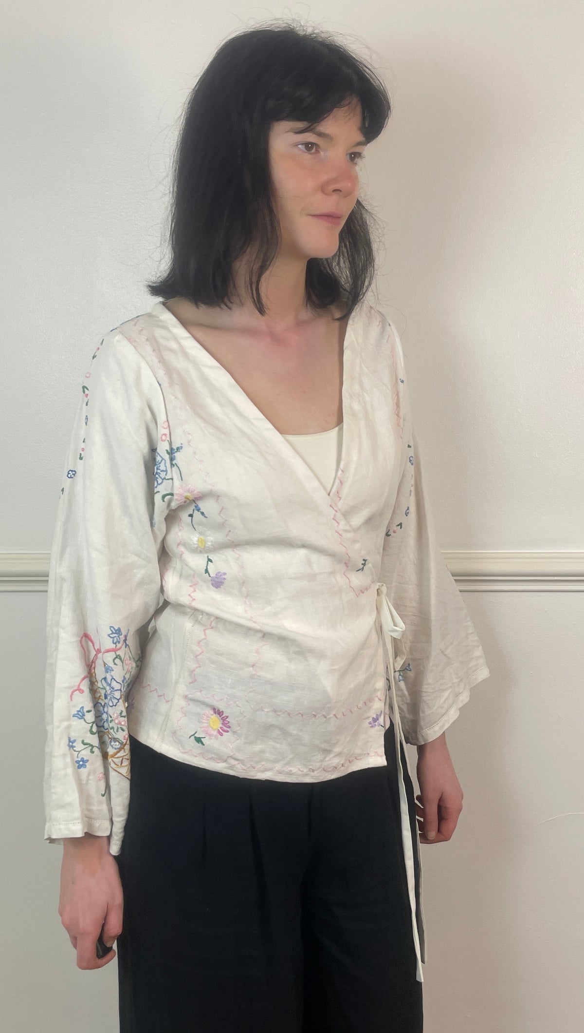 Handmade White Linen Floral Embroidered Tie Waist Wrap Top - Size 10