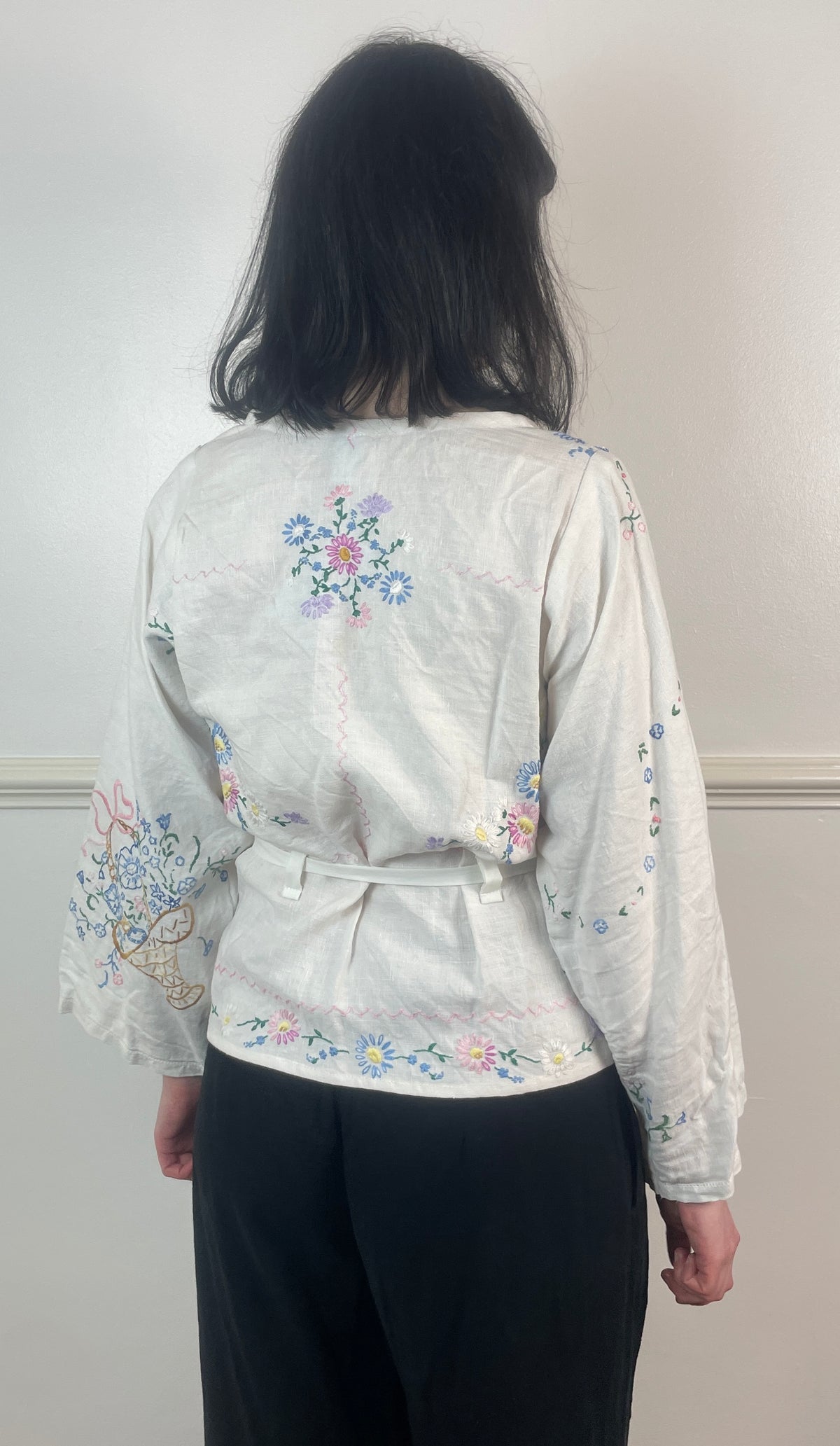 Handmade White Linen Floral Embroidered Tie Waist Wrap Top - Size 10