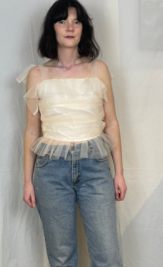 Gloria Handmade White Tulle Ruched Top with Lace Up Back - Up To Size 12