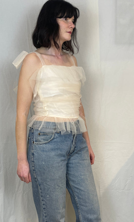 Gloria Handmade White Tulle Ruched Top with Lace Up Back - Up To Size 12