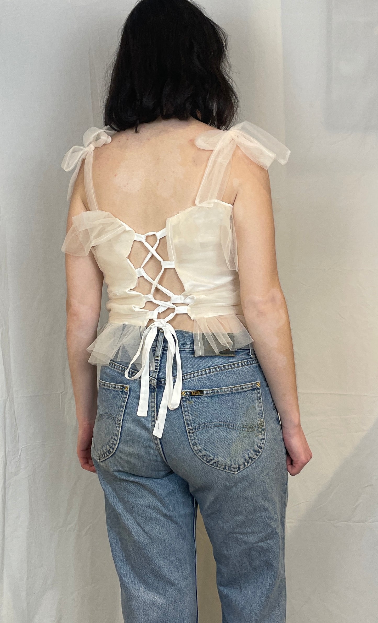 Gloria Handmade White Tulle Ruched Top with Lace Up Back - Up To Size 12
