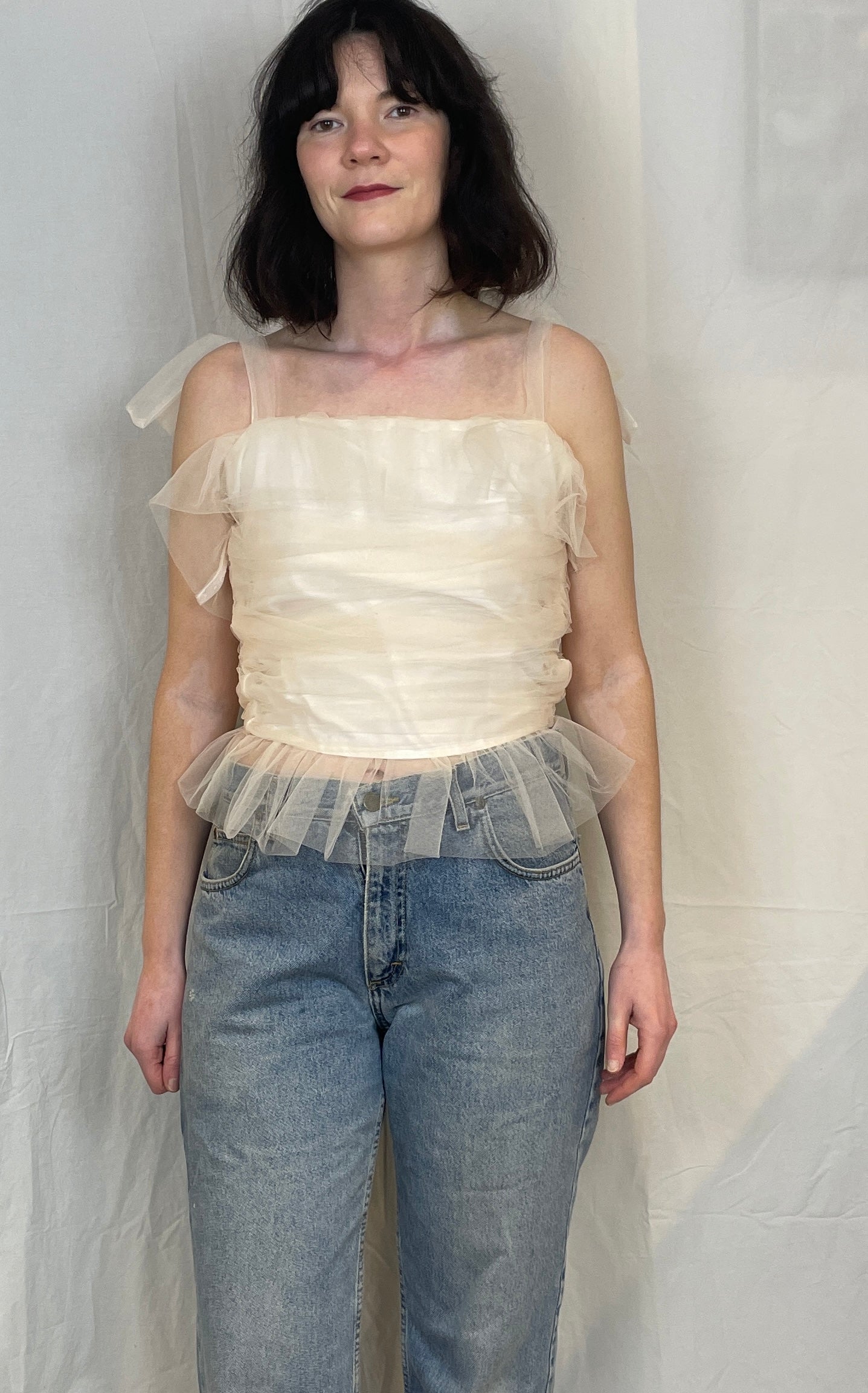 Gloria Handmade White Tulle Ruched Top with Lace Up Back - Up To Size 12