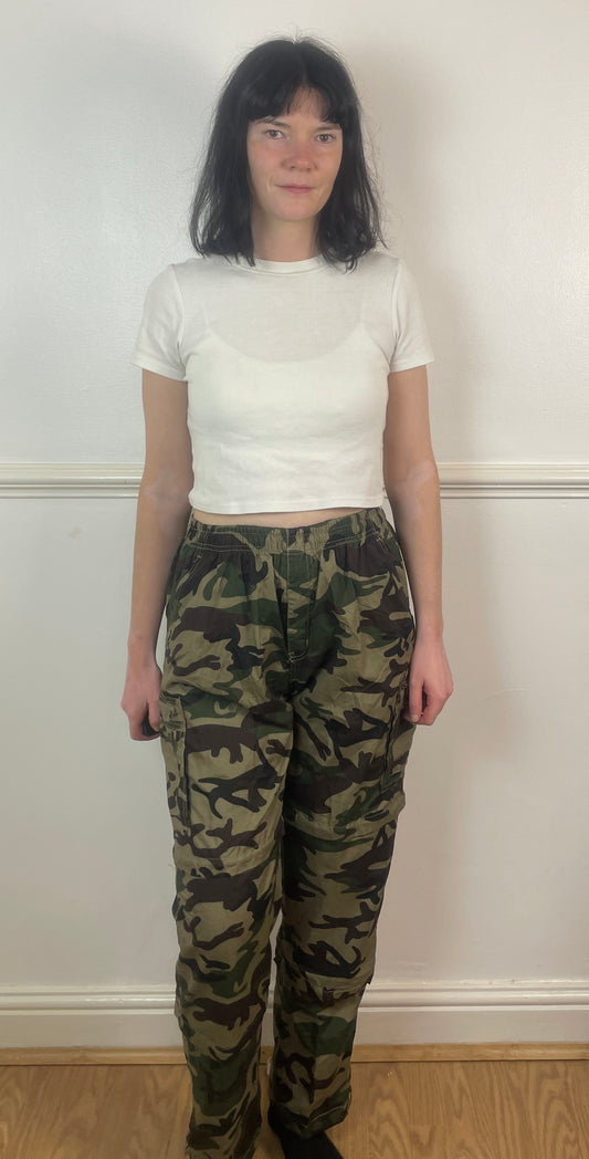 Vintage 90s Green and Brown Camouflage Elastic Waist Cargo Trousers - Size 10