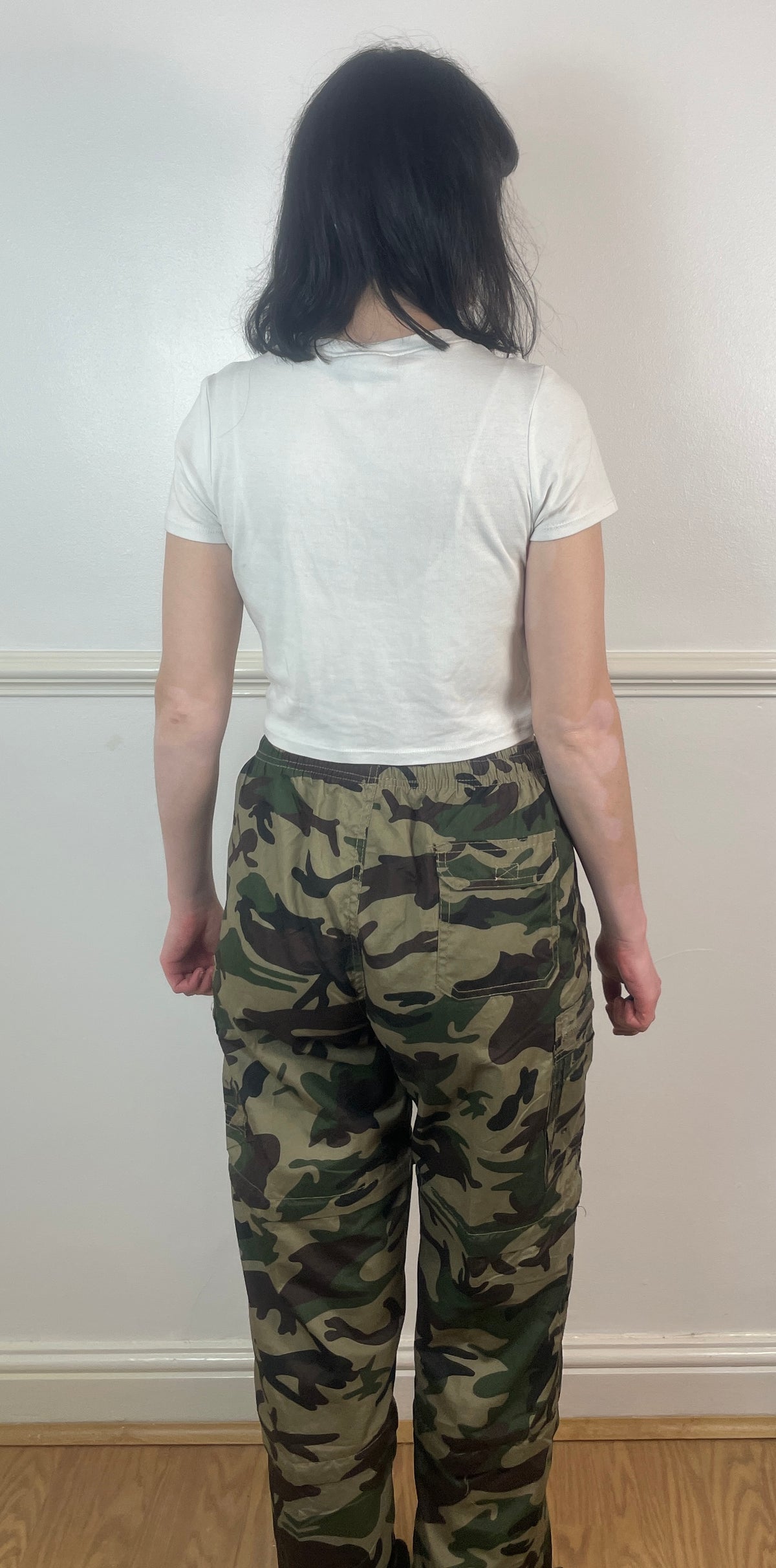 Vintage 90s Green and Brown Camouflage Elastic Waist Cargo Trousers - Size 10