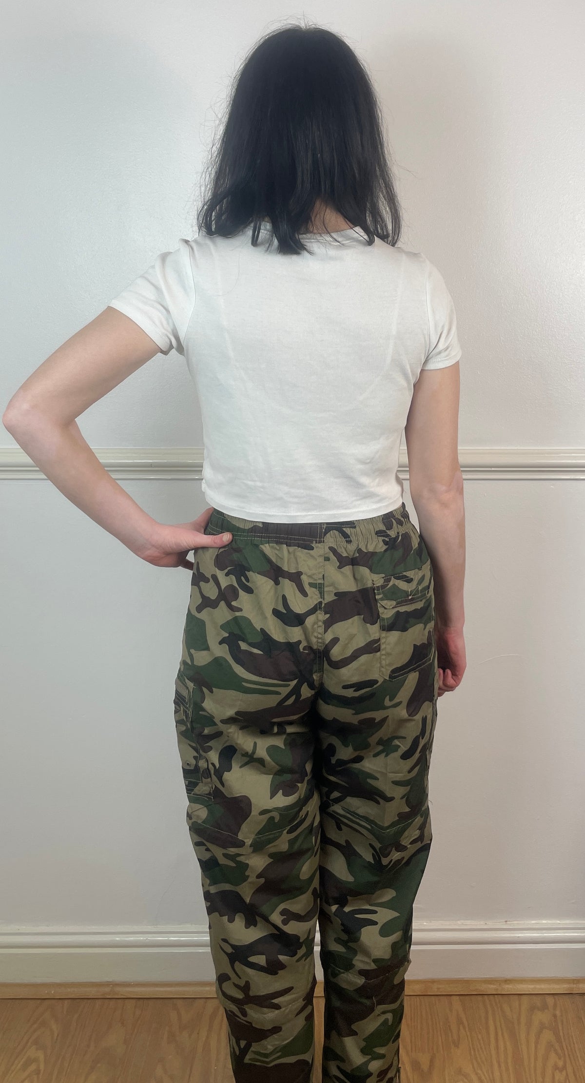 Vintage 90s Green and Brown Camouflage Elastic Waist Cargo Trousers - Size 10