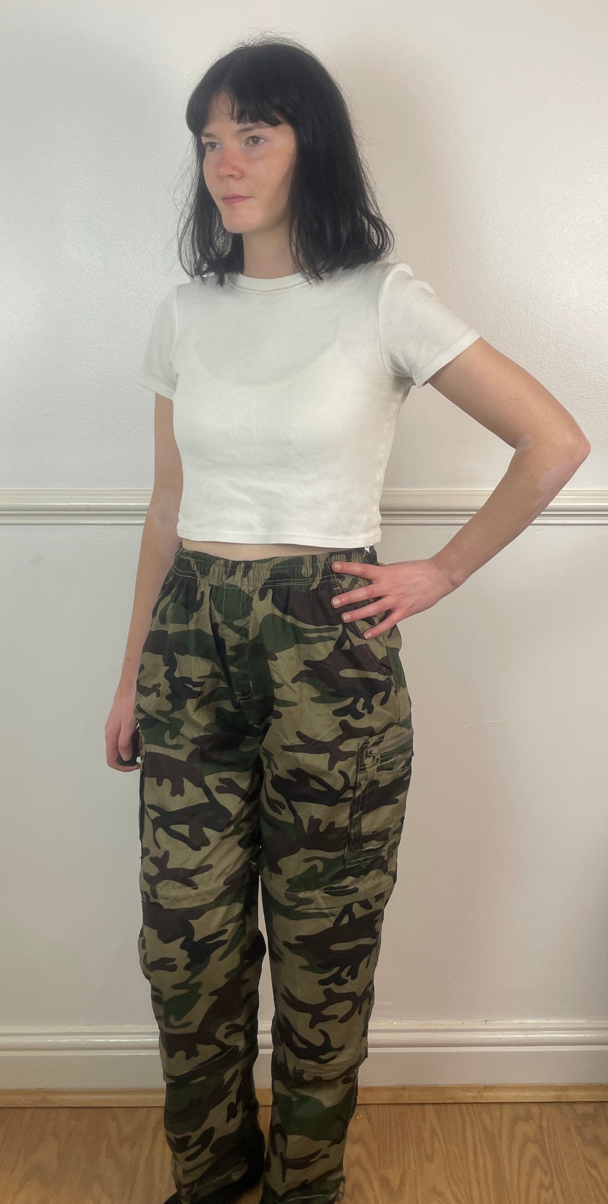 Vintage 90s Green and Brown Camouflage Elastic Waist Cargo Trousers - Size 10